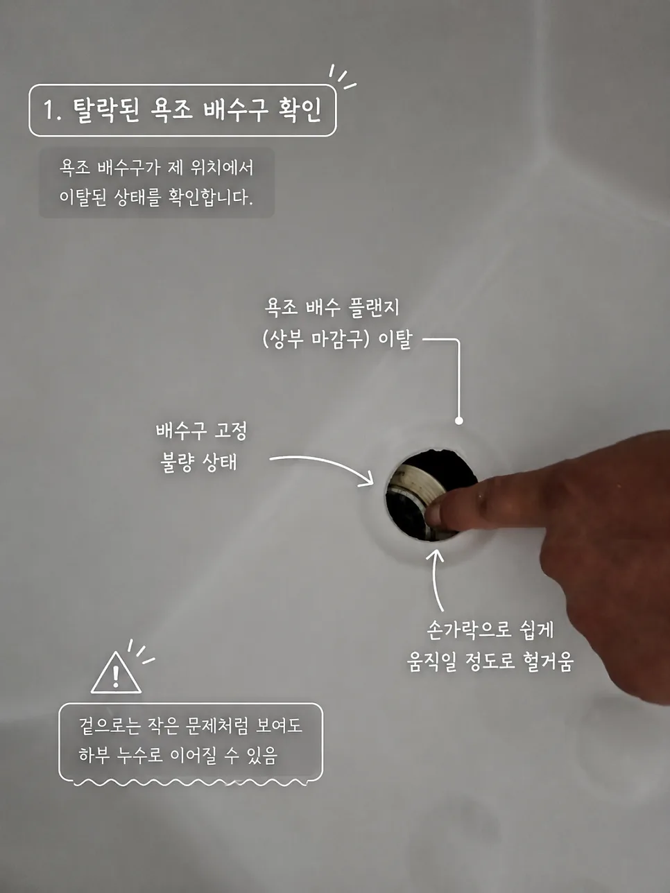 탈락된 욕조 배수구 확인