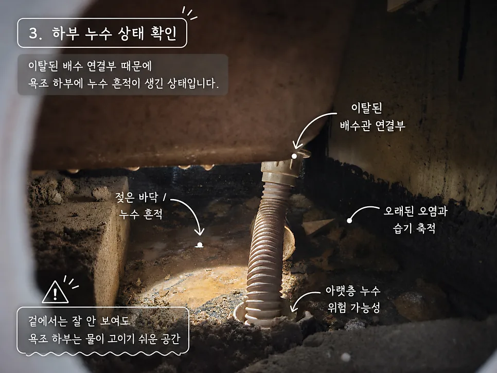 욕조 하부 누수 상태 확인