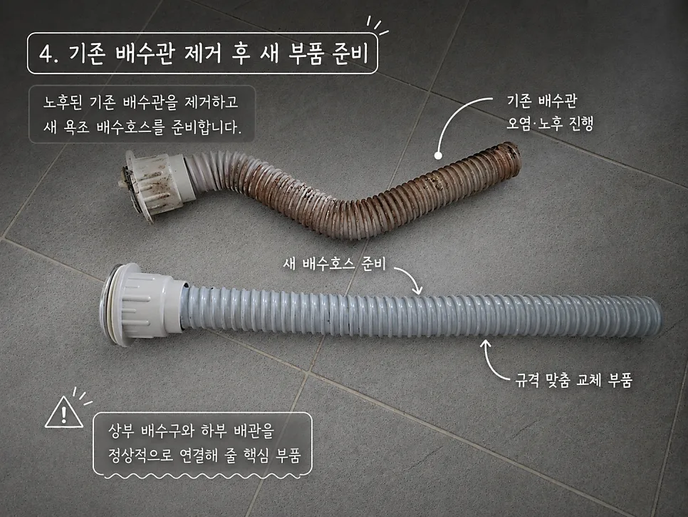 기존 배수관 제거 후 새 부품 준비