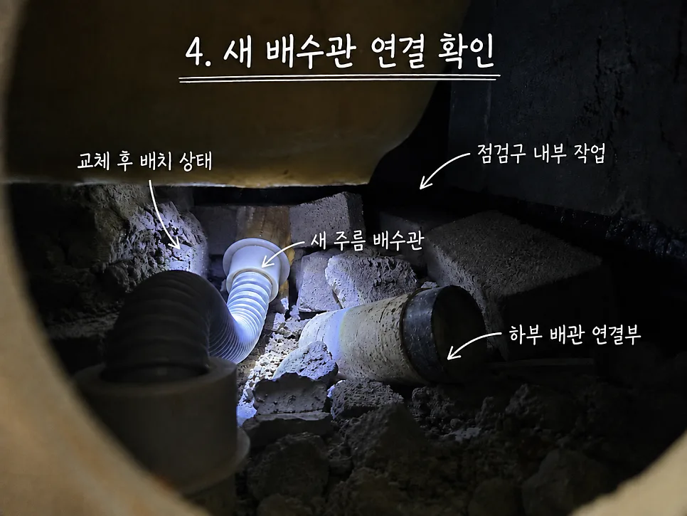 새 배수관 연결 확인